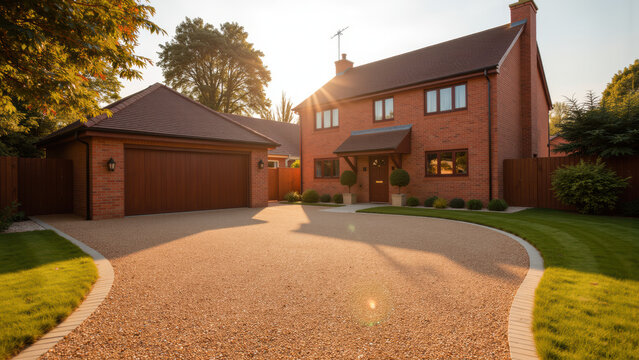 Modern brick house double garage gravel driveway green lawn sunlight suburban residential peaceful detached home trees