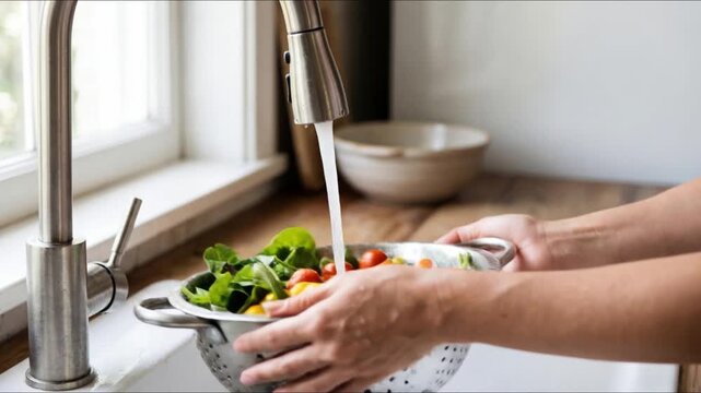 Fresh, organic vegetables cascade under a stream of water, washing away impurities in a kitchen sink. The scene evokes a feeling of freshness and health.