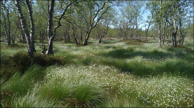 Vast birch forest with dense white wildflowers and small green plants among tall grass forming peatland landscape spring midday nature scene with birch trees, plants, flowers, forest, meadow, greenery
