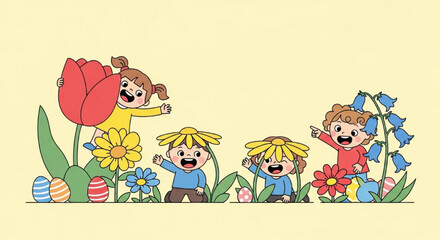 Obraz premium Adorable cute children playing in garden with flowers tulips Easter eggs spring happy cartoon vector illustration