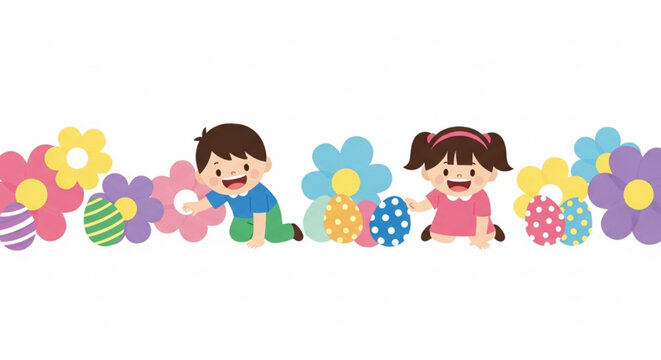 Cheerful happy kids children holding colorful flowers Easter eggs decorative border cartoon vector illustration