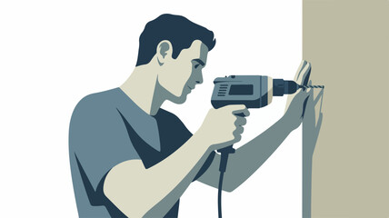 Fototapeta premium Man drilling into wall with power drill home improvement and diy concept illustration