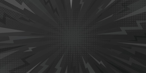 Black comic book background. Pop art halftone explosion with radial rays, vector zoom line and thunder lightning. © DesignToonsy