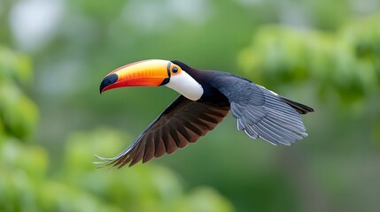 Fototapeta premium An exotic toucan in dynamic flight wings fully extended photographed from below to highlight its distinct chest markings and intricate feather detail against a blurred natural background