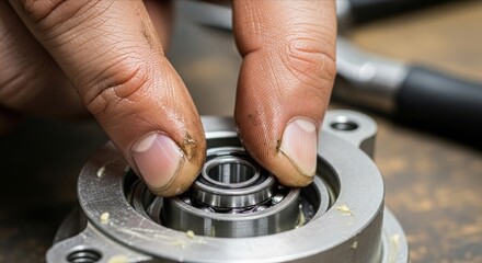 Fototapeta premium Precision Engineering Process of Inserting Bearings into Machinery
