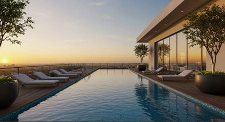Obraz premium Luxury Rooftop Pool Deck with Modern City Skyline Background