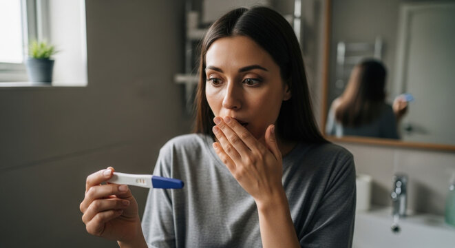 Shocked woman looking at positive pregnancy test