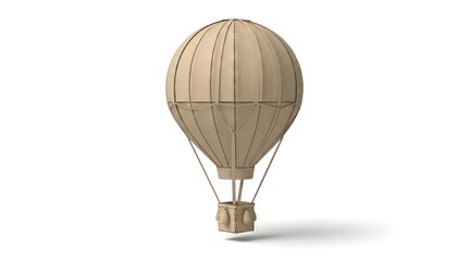 Obraz premium A 3D cardboard hot air balloon model floats in mid-air on an isolated white background with a subtle shadow underneath