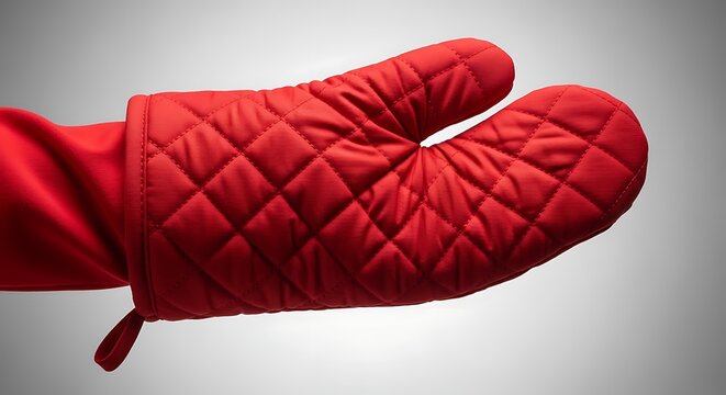 Red quilted oven glove for kitchen use and heat protection
