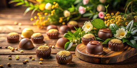 A delightful assortment of gourmet chocolates arranged on a rustic wooden board, adorned with vibrant blossoms and lush greenery, creating a picturesque scene of delectable treats