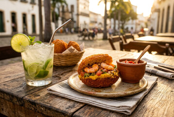 Comida típica baiana acarajé com camarão e caipirinha de limão em mesa de madeira ao pôr do sol