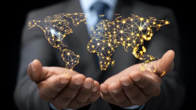 Hands Holding Digital World Map with Nodes Representing Innovation and Value Proposition Concepts