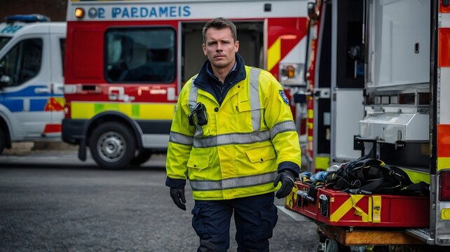Emergency Responder in Reflective Safety Gear Outside Ambulance in Urban Environment