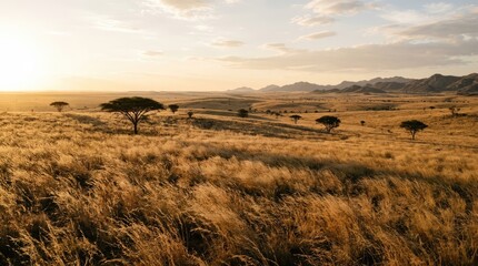 Obraz premium A scenic wide shot of a vast golden savanna under a soft sunset warm sky light