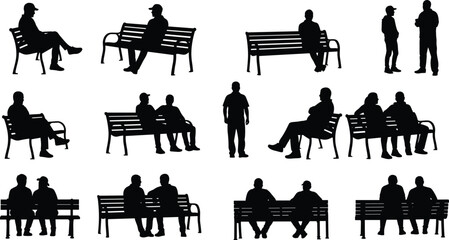 People silhouettes on benches, vector illustration of social interactions, sitting, standing, reclining, conversation, public space design, urban lifestyle, park concept © mafuja