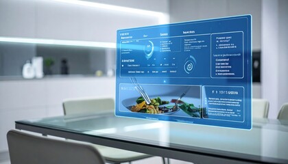 Futuristic holographic display projecting detailed nutritional breakdown of synthesized food in a modern kitchen setting.