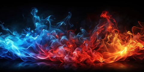 Fototapeta premium Abstract fiery and icy swirls dance across a dark background, creating a captivating visual spectacle of contrasting elements.