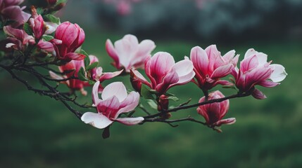 Obraz premium Pink magnolia flowers on branch with green leaves in background, close-up view showing delicate petals, bloom, plant, nature, spring, outdoor, sunlight, fresh vibrant colors, floral scene