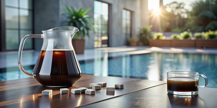 Relaxing poolside coffee break with a carafe of dark brew and sweetener