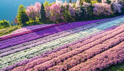 Obraz premium Aerial view of vibrant lavender fields in spring with blooming flowers and lush greenery