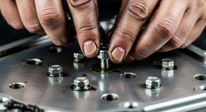 Close-Up of Hands Installing Metal Bolt on Industrial Equipment Surface