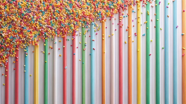A vibrant cascade of colorful sprinkles playfully descends onto a series of pastel-hued vertical stripes, creating a cheerful and whimsical composition.