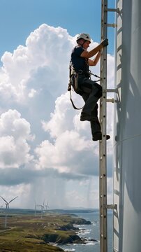 A courageous technician fearlessly scales a towering structure, embodying dedication and innovation against a backdrop of breathtaking landscapes.