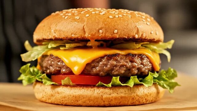 Classic cheeseburger featuring a juicy beef patty, melted cheddar cheese, fresh lettuce, and ripe tomato, served on a toasted sesame seed bun, perfect for a delicious meal