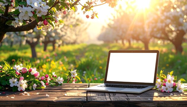 A laptop sits on a wooden table in a serene orchard with flowers AI Generative