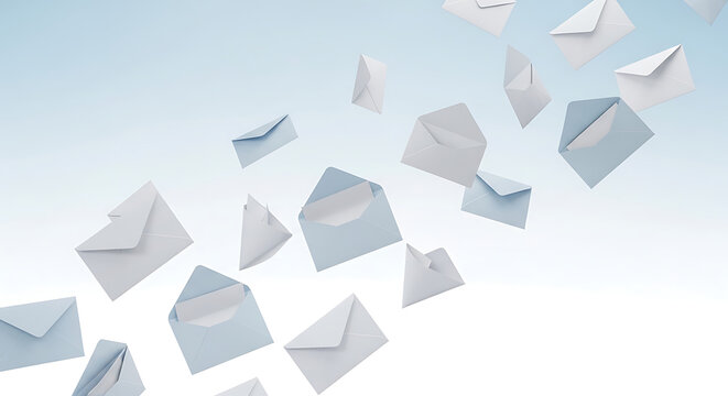 Flying white envelopes scattered across clear blue sky background