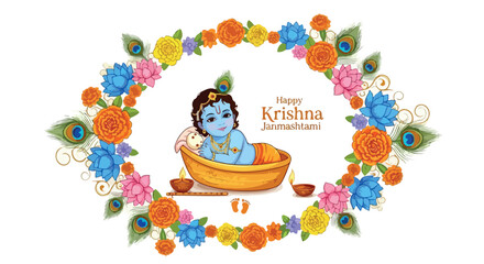 Fototapeta premium Illustration of baby Krishna sitting in a bowl surrounded by a floral wreath with peacock feathers on a white background.