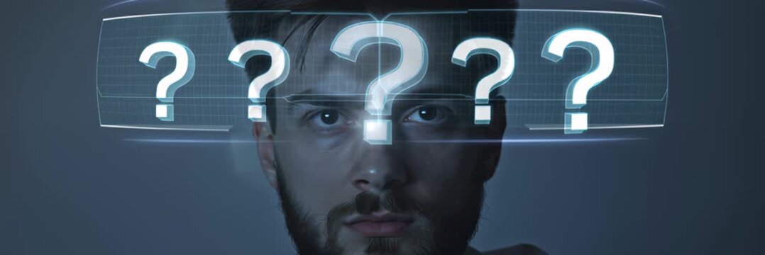 Man looking at floating question marks in futuristic interface representing confusion and searching for answers, problem solving concept in wide banner format.