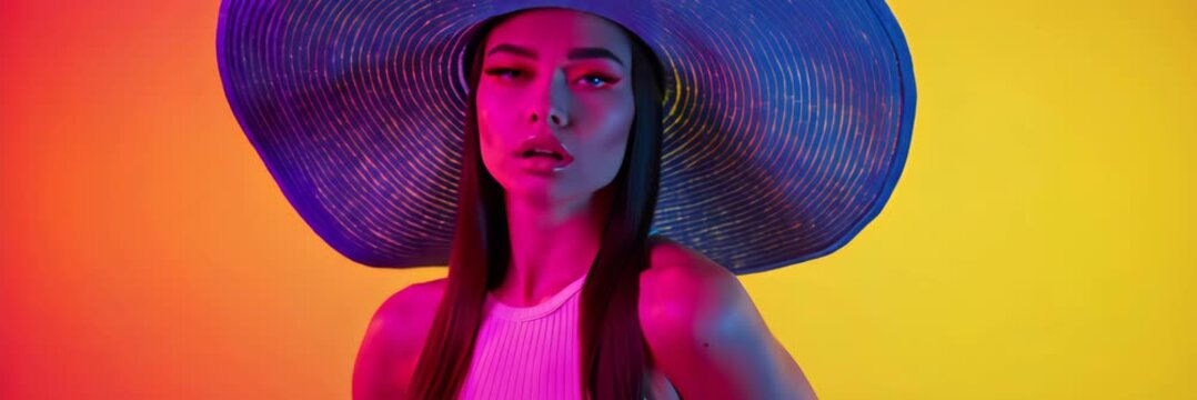 Young woman wearing a large stylish hat posing in colorful studio background, modern fashion portrait in wide banner format, creative style concept, beauty and fashion advertising.