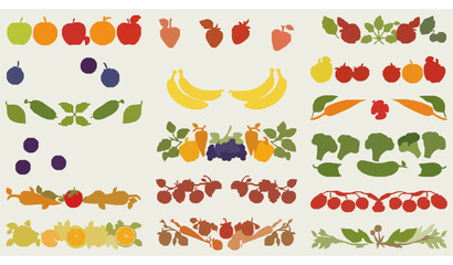 Fruits vegetables and berries vector corner borders with colorful fresh produce decoration set © Rimu