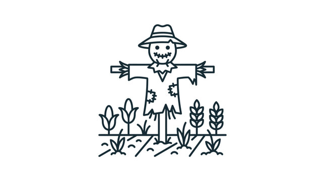 Outline vector icon of scarecrow in crop field, farm protection symbol