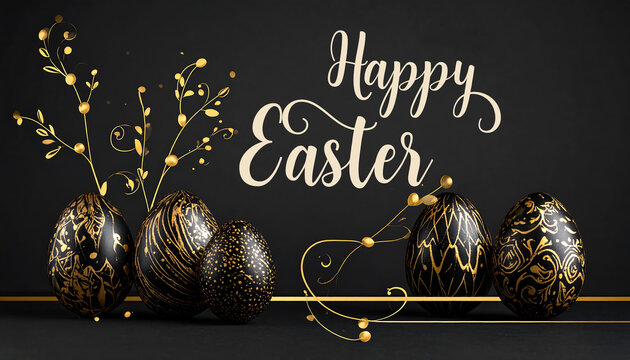 A festive Easter decoration with golden eggs and Happy Easter text on a dark background AI Generative