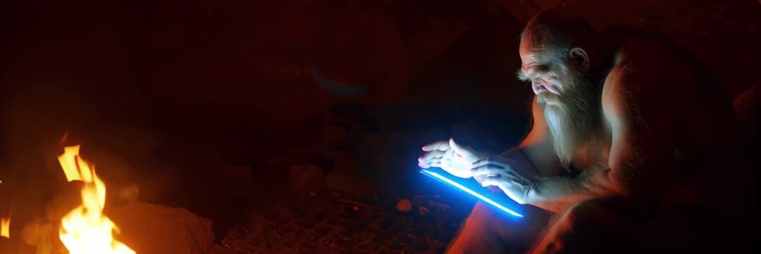 Primitive man using glowing futuristic device near fire in cave representing contrast between ancient life and modern technology in wide banner format.