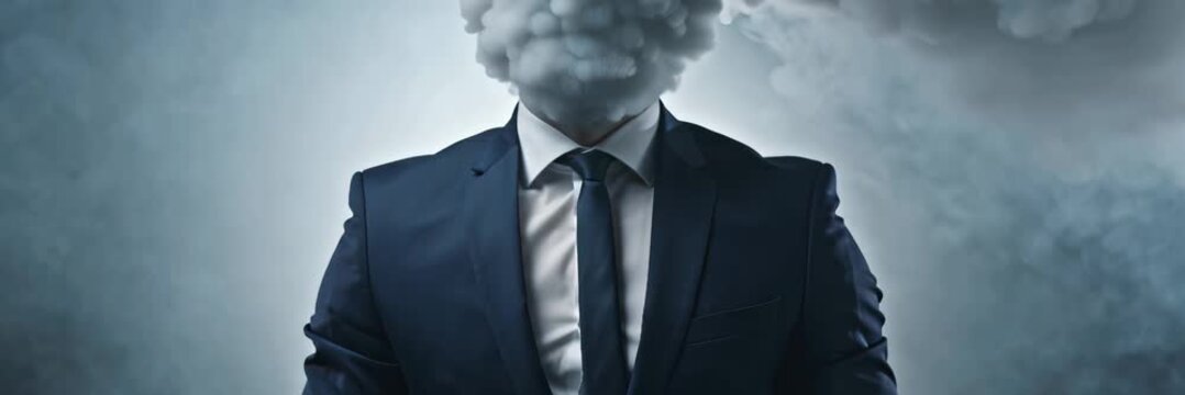 Businessman in suit with smoke covering head representing stress confusion and burnout in corporate career, conceptual business image in wide banner format.