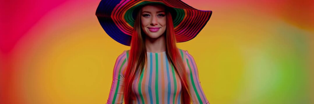 Stylish woman with colorful hat posing in vibrant studio background expressing fashion and creative style concept in wide banner format for website.