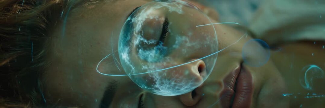 Woman sleeping with glowing planet hologram over face symbolizing dreams imagination and mind exploration, sleep concept in wide banner format for website.