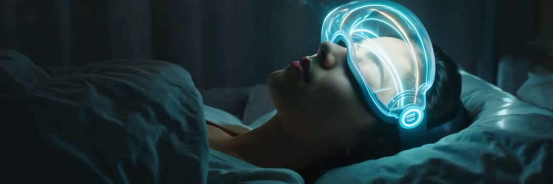 Young man sleeping in bed with glowing brain headset visualizing neural activity and dreams, futuristic sleep technology concept in wide banner format.