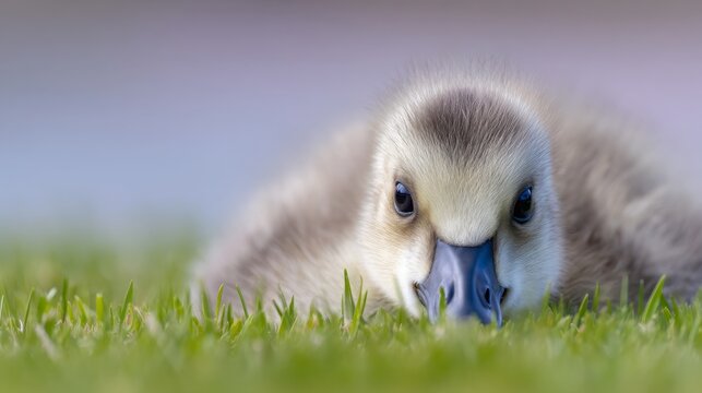  a cute baby gosling lying on the grass on a sunny day, captured with a nikon d850 dslr camera set to an aperture of f/4 and an iso of 237 for good detail in low light conditions. -