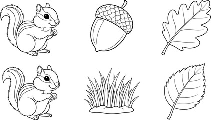 Cute cartoon chipmunks, acorn, and autumn leaves in a simple line art style