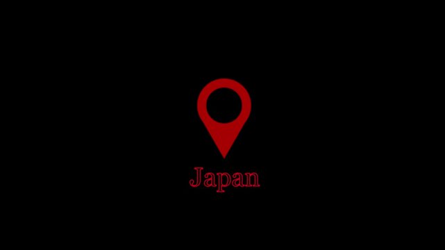 Japan location pinpoint animation with red map marker and text appearing on dark black background