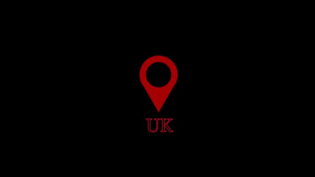Red map pointer icon animation with uk text appearing on black background for travel and navigation