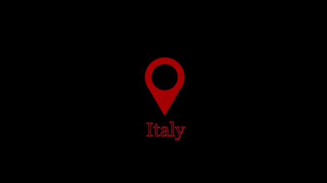 Italy location pin animation with red map pointer icon appearing on black background travel concept