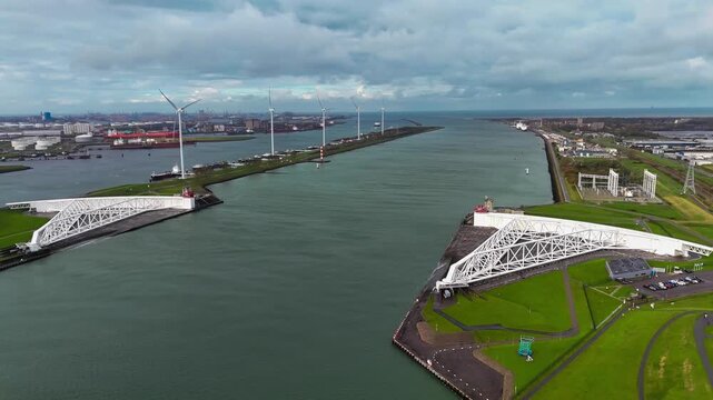 The Maeslantkering, or Maeslant barrier, is a storm barrier in the Rhine Delta in the Netherlands for flood protection. It is one of the largest moving structures on Earth. High quality 4k footage