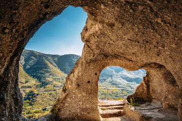 View on the Kura river valley from the cave dwelling of the rock-hewn monastery of Vardzia in the south of Georgia © Pernelle Voyage