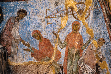Naklejka premium Details of the 12th century frescoes at the entrance portal of the church of Dormition, the maine church of the rock-hewn monastery of Vardzia in Georgia