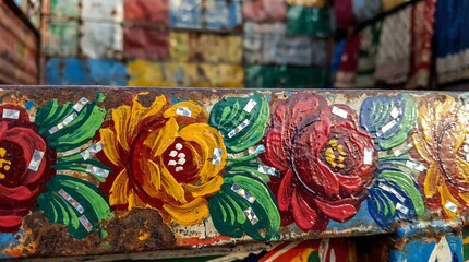 Fototapeta premium Hand-painted Pakistani truck art floral texture